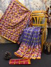 Maroon and royal blue color soft cotton saree with patola printed work