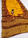 Yellow and red color art silk saree with zari weaving work