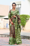 Brown and green color hand bandhej silk saree with zari weaving work
