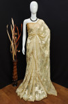 Light yellow color soft georgette saree with zari weaving work