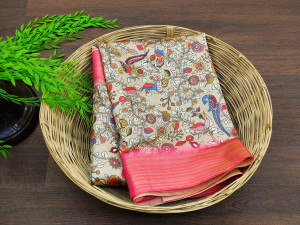 Pink and beige color linen silk saree with digital printed work