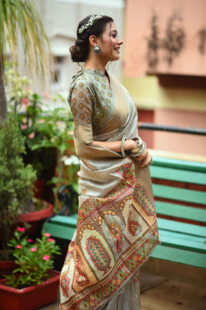 Light green color linen silk saree with printed work