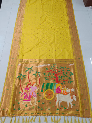 Yellow color paithani  silk saree with zari weaving work