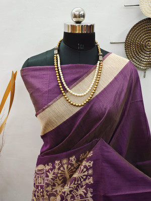 Purple color raw silk saree with woven work