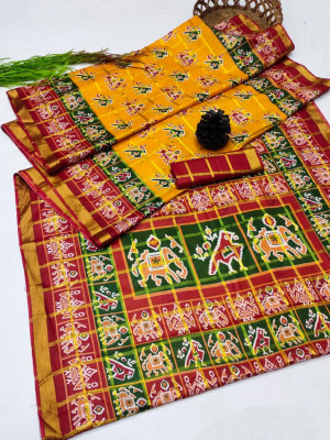 Orange and red color soft cotton saree with patola printed work