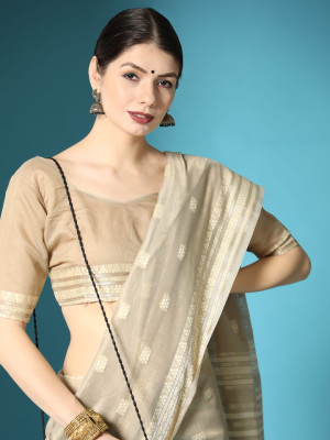 Beige color chanderi cotton saree with zari weaving work