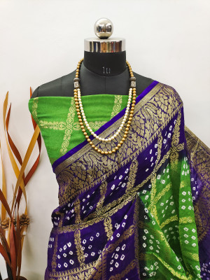 Green and royal blue color hand bandhej silk saree with zari weaving work