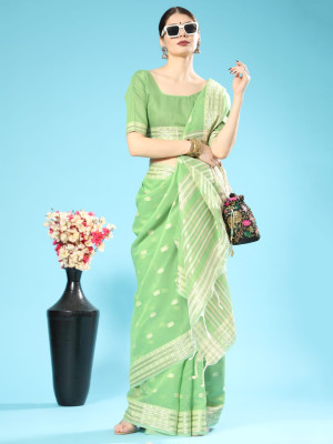 Pista green color chanderi cotton saree with zari weaving work