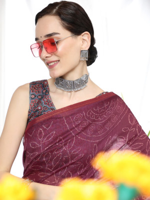 Magenta color soft cotton saree with ajrakh printed pallu