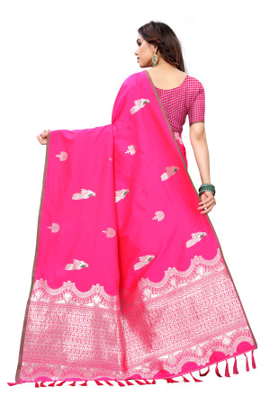 Rani pink color lichi silk saree with silver zari weaving work