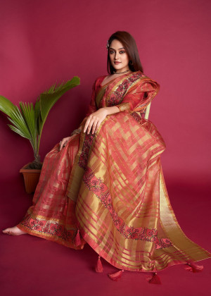Gajari color organza silk saree with embroidered and zari weaving work