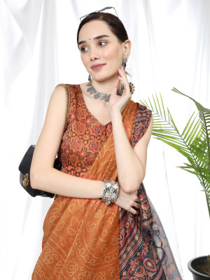 Orange color soft cotton saree with ajrakh printed pallu