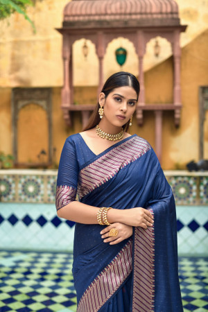 Navy blue color linen silk saree with zari woven work