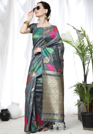 Gray color tussar silk saree with zari woven work