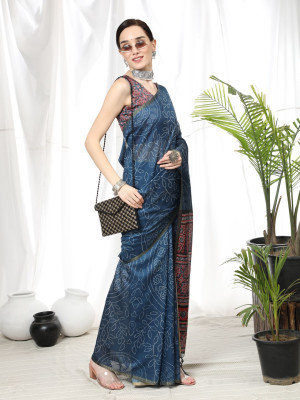 Blue color soft cotton saree with ajrakh printed pallu