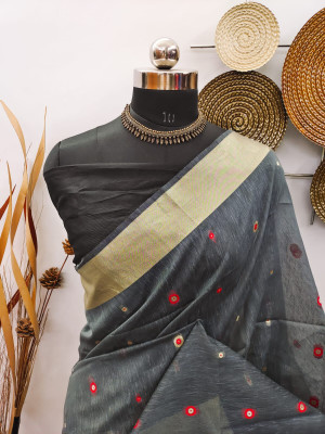 Gray color raw silk saree with zari woven work