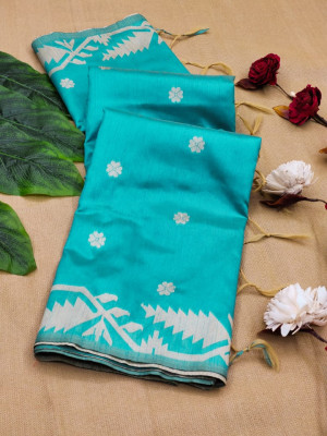 Firoji color raw silk saree with zari weaving work