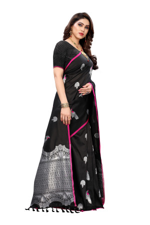 Black color lichi silk saree with silver zari weaving work