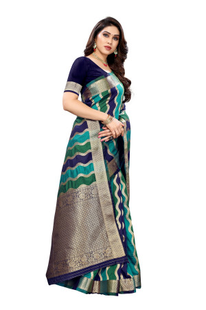 Blue and green color banarasi silk saree with zari  woven work