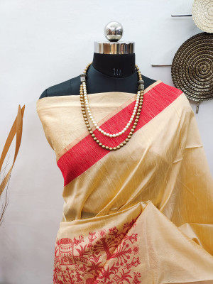 Off white color raw silk saree with woven work