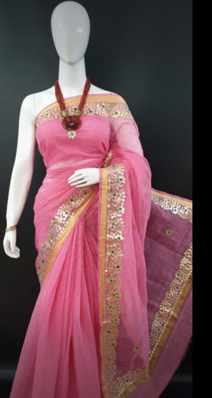 Baby pink color doriya saree with gota patti design