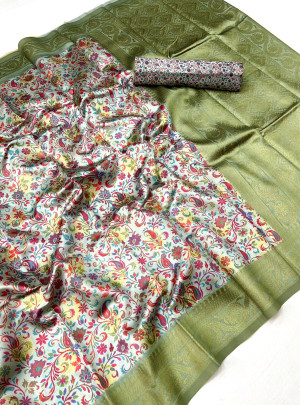 Sea green color soft silk saree with digital printed work
