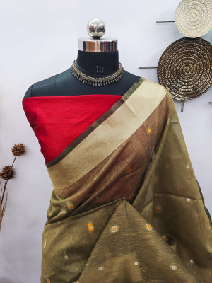 Mahendi green color raw silk saree with zari woven work