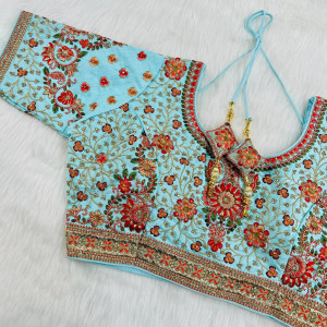 Sky blue color embroidery and real jarakan daimond work blouse
