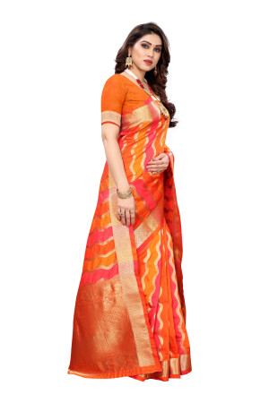 Orange and pink color banarasi silk saree with zari woven work