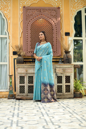 Sky blue color linen silk saree with zari weaving work