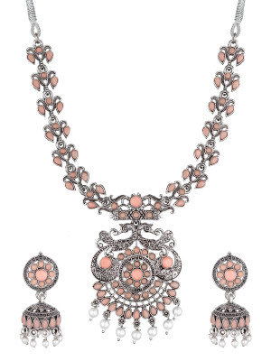 Peach Oxidised Necklace And Jhumka Set