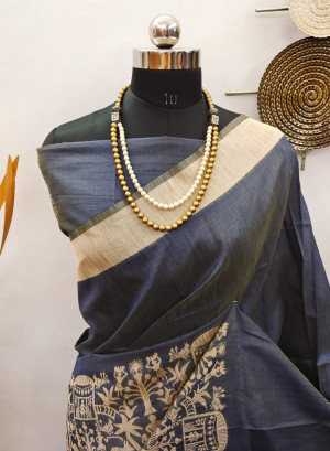 Black color raw silk saree with zari weaving work