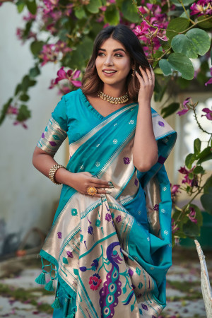 Firoji color soft paithani silk saree with zari weaving work
