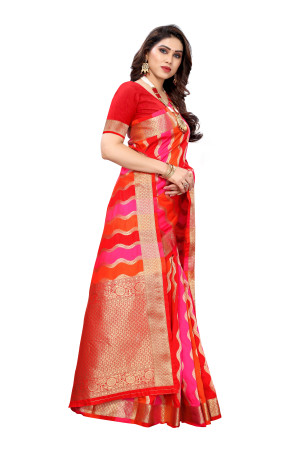 Red and pink color banarasi silk saree with zari woven work