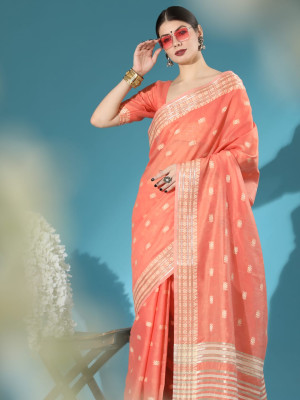 Orange color chanderi cotton saree with zari weaving work