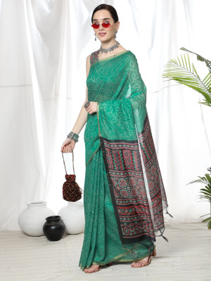 Sea green color soft cotton saree with ajrakh printed pallu
