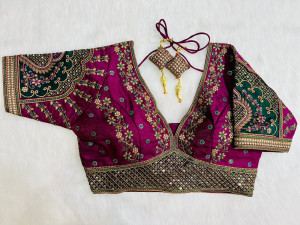 Embroidery copper zari with sequence blouse magenta color