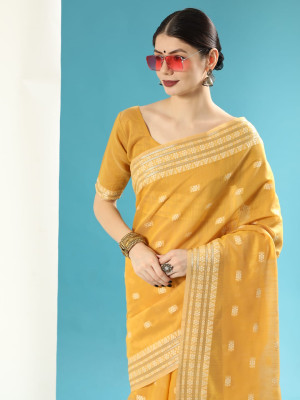 Yellow color chanderi cotton saree with zari weaving work