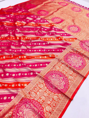 Orange and rani pink color kanchipuram silk saree with zari weaving work
