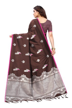 Brown color lichi silk saree with silver zari weaving work
