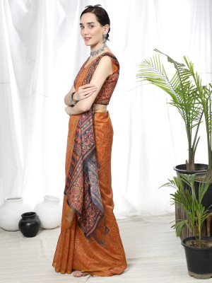 Orange color soft cotton saree with ajrakh printed pallu