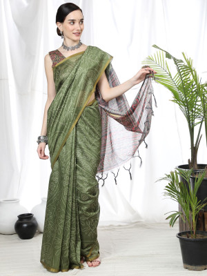Mahendi green color soft cotton saree with ajrakh printed pallu