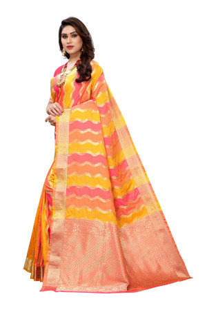 Yellow and pink color banarasi silk saree with zari woven work