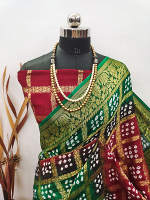 Maroon and  green color hand bandhej silk saree with zari weaving work