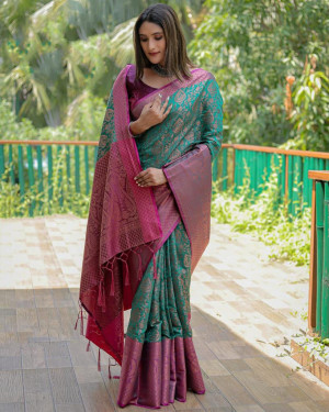 Rama green color kanchipuram  silk saree with zari woven work