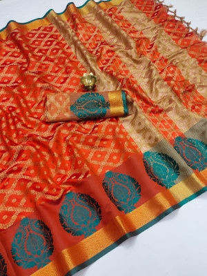 Orange color cotton silk saree with zari woven work
