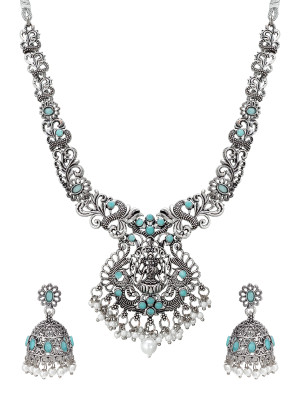 Blue & Silver Temple Style Embossed Oxidised Necklace Set