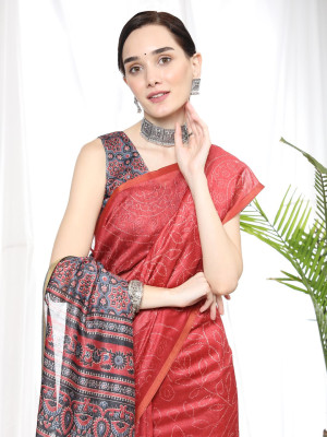 Red color soft cotton saree with ajrakh printed pallu