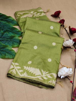 Mehndi green color raw silk saree with zari weaving work