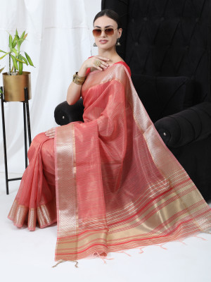 Pink color linen silk saree with zari weaving work